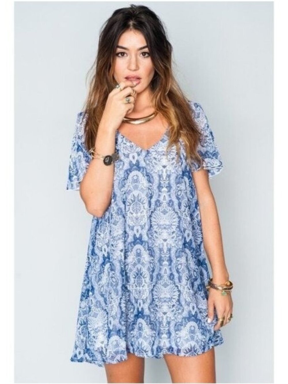 🛍 Show Me Your Mumu Kylie Babydoll Mini Dress in Teacup Blue Size M